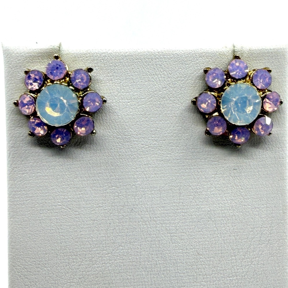 Purple Crystal Flower Stud Earrings - Gold Tone Bridal Jewelry